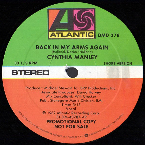 Cynthia Manley : Back In My Arms Again (12", Promo)