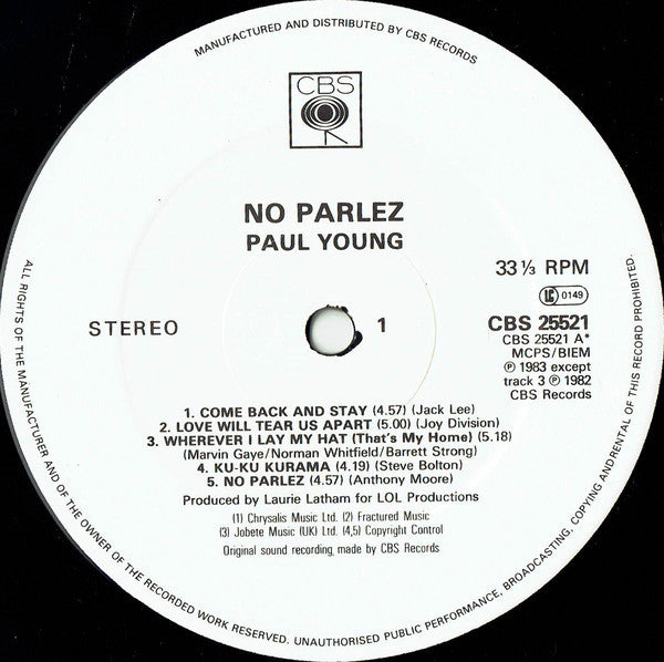 Paul Young : No Parlez (LP, Album, Whi)