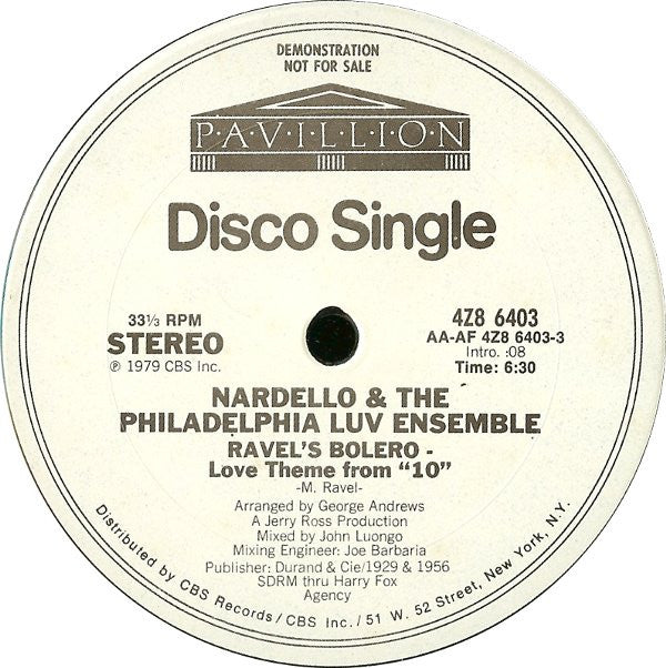 George Nardello & The Philadelphia Luv Ensemble : Ravel's Bolero - Love Theme From "10" (12", Promo)