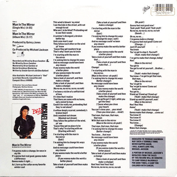 Michael Jackson : Man In The Mirror (12", Promo, Car)