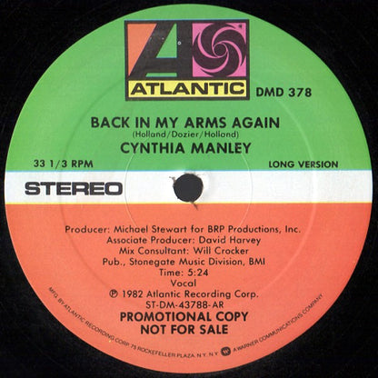 Cynthia Manley : Back In My Arms Again (12", Promo)