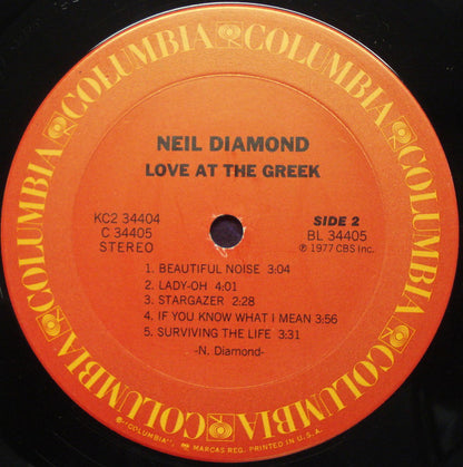 Neil Diamond : Love At The Greek: Recorded Live At The Greek Theatre (2xLP, Album, Ter)