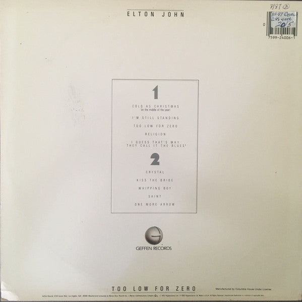 Elton John : Too Low For Zero (LP, Album, Club)