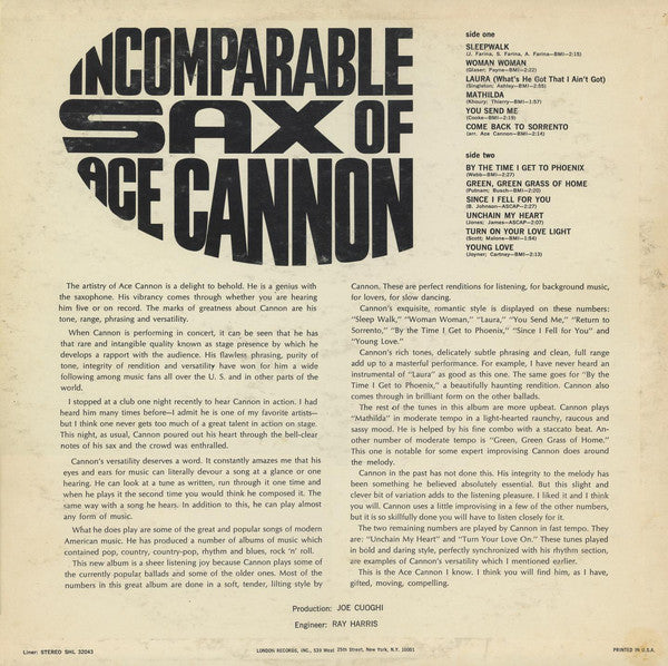 Ace Cannon : Incomparable Sax Of Ace Cannon (LP, Album, Mon)