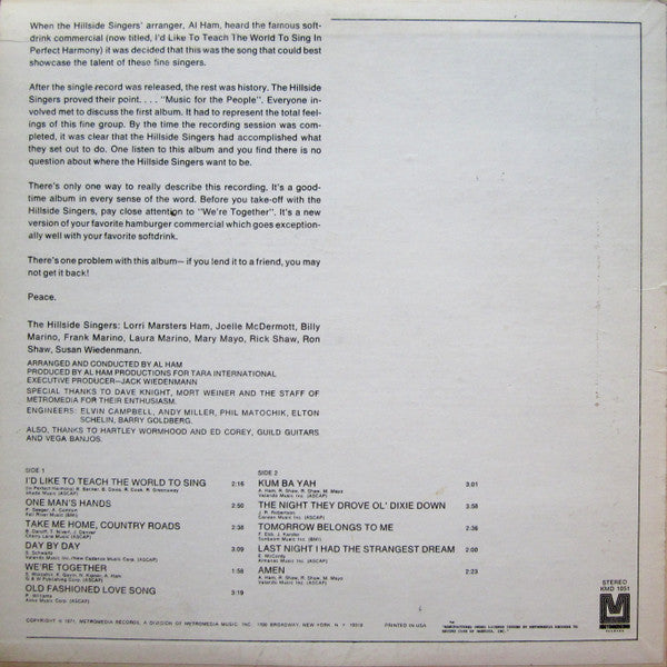 The Hillside Singers : I'd Like To Teach The World To Sing (LP, Album, Club, All)