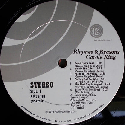 Carole King : Rhymes & Reasons (LP, Album, Pit)