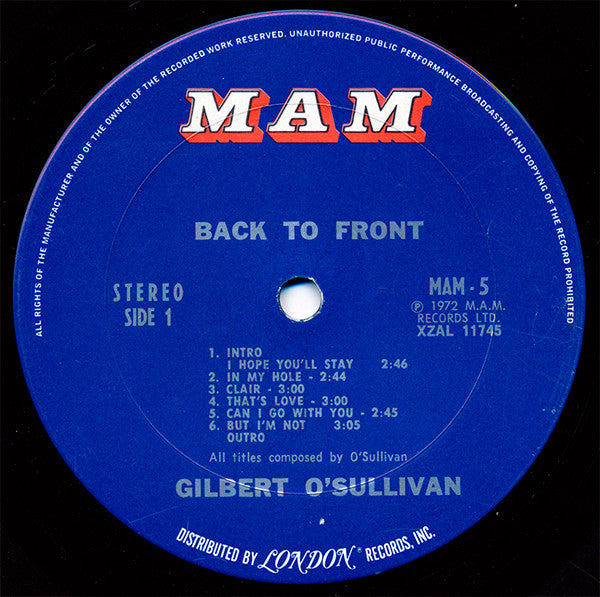 Gilbert O'Sullivan : Back To Front (LP, Album)