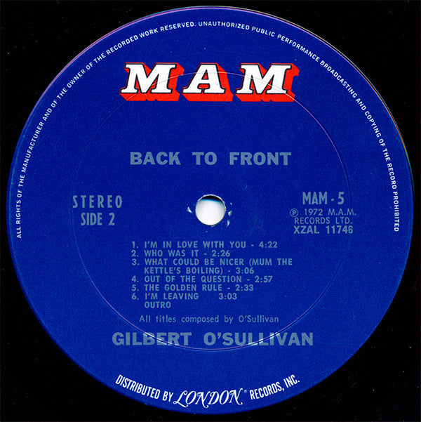 Gilbert O'Sullivan : Back To Front (LP, Album)