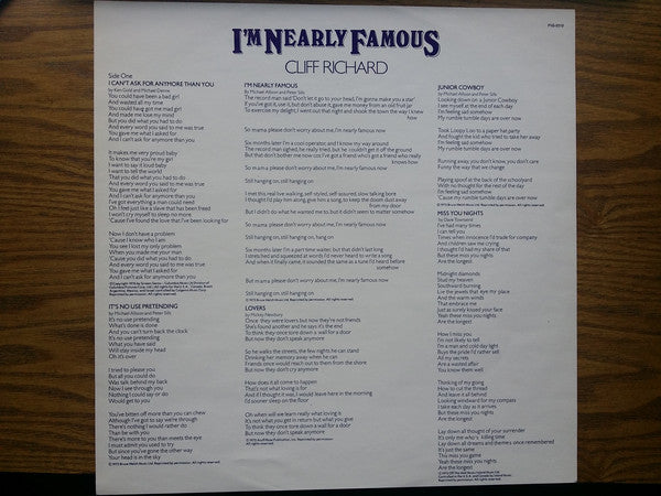 Cliff Richard : I'm Nearly Famous (LP, Album, Glo)