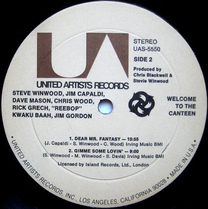 Steve Winwood, Jim Capaldi, Dave Mason, Chris Wood (2), Rick Grech, Rebop Kwaku Baah, Jim Gordon : Welcome To The Canteen (LP, Album, Res)