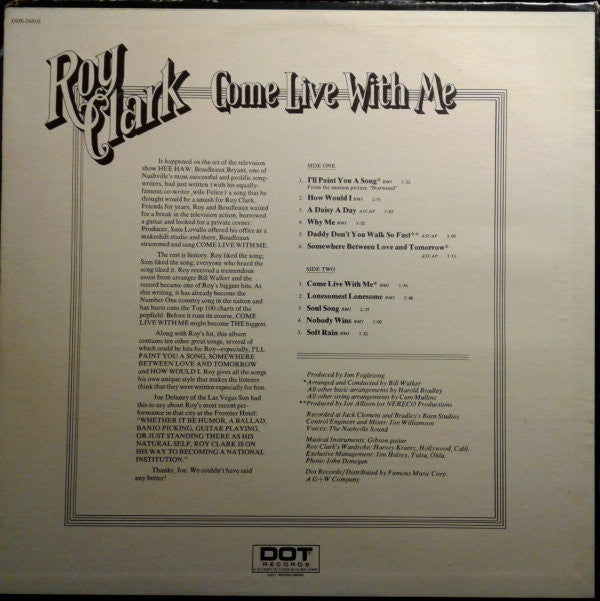 Roy Clark : Come Live With Me (LP, Album, Pre)