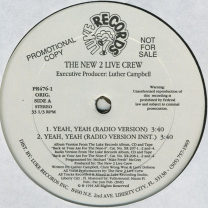 The New 2 Live Crew : Yeah, Yeah (12", Promo)