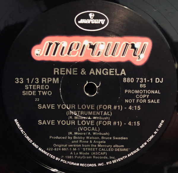 René & Angela : Save Your Love (For #1) (12", Promo, 22)