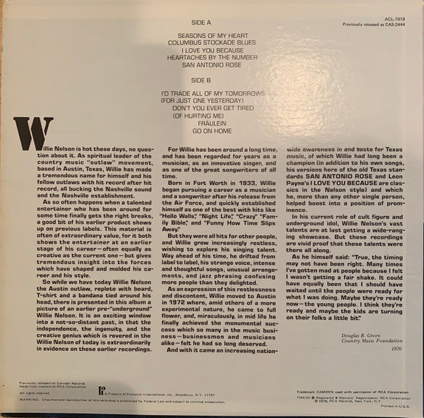 Willie Nelson : Columbus Stockade Blues & Other Country Favorites (LP, Album)