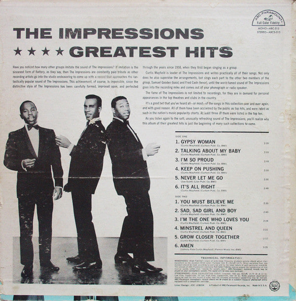The Impressions : Greatest Hits (LP, Comp, RE)