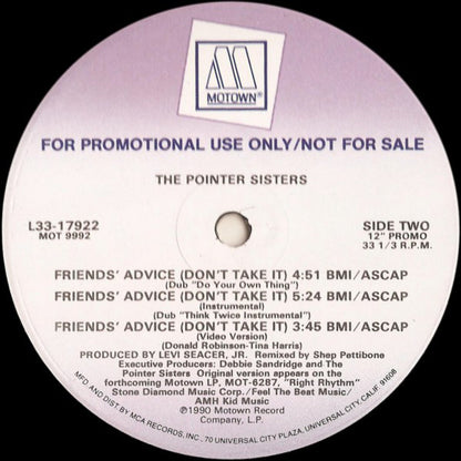 Pointer Sisters : Friends' Advice (Don't Take It) (12", Promo)