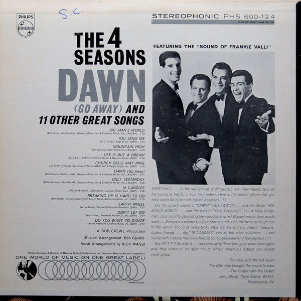 The Four Seasons : Dawn (Go Away) And 11 Other Great Songs (LP, San)