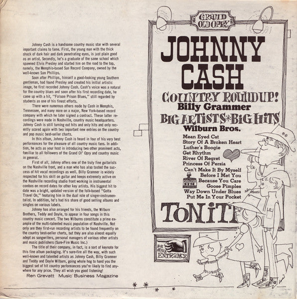 Johnny Cash With The The Wilburn Brothers And Billy Grammer : Johnny Cash's-Country Round-up (The Authentic Sounds Of Country & Western Music) (LP, Comp)