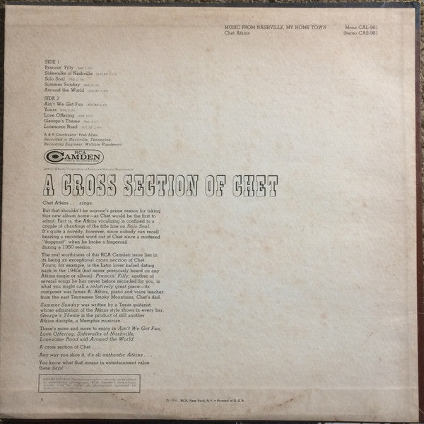 Chet Atkins : Music From Nashville My Home Town (LP, Album, Roc)