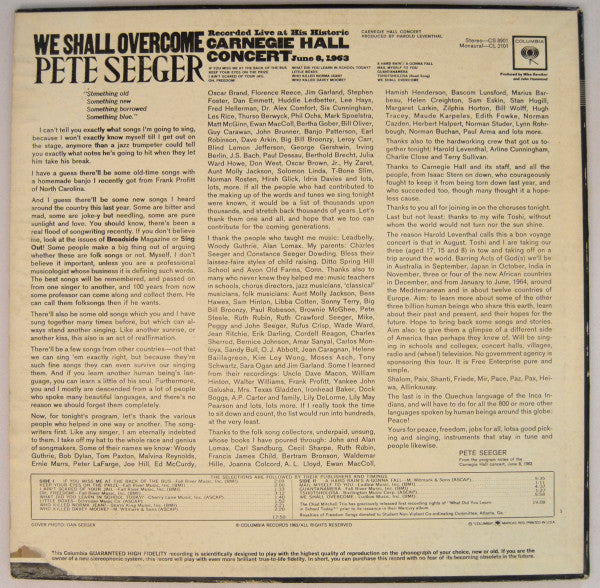 Pete Seeger : We Shall Overcome (Recorded Live At His Historic Carnegie Hall Concert June 8, 1963) (LP, Album, Mono, Pit)