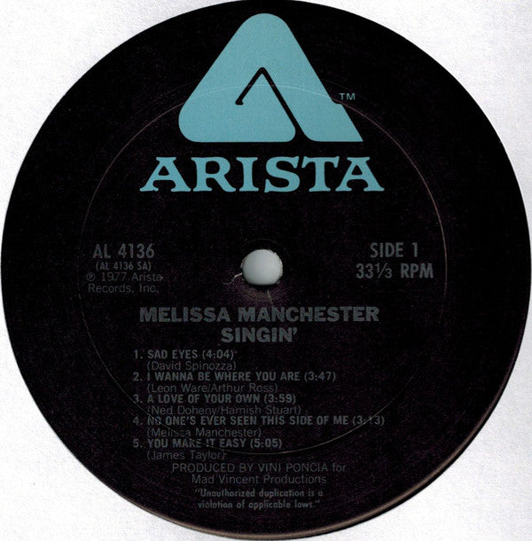 Melissa Manchester : Singin' (LP, Album, Ter)