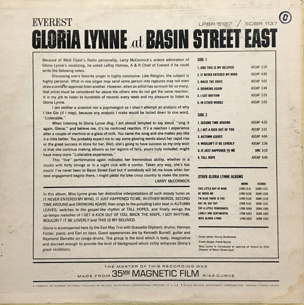 Gloria Lynne : At Basin Street East (LP, Album, Mono)