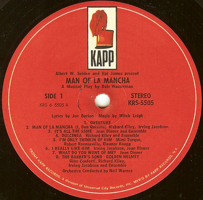 "Man Of La Mancha" Original Broadway Cast, Richard Kiley, Joan Diener, Irving Jacobson, Robert Rounseville, Ray Middleton : Man Of La Mancha (LP, Album)