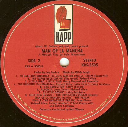 "Man Of La Mancha" Original Broadway Cast, Richard Kiley, Joan Diener, Irving Jacobson, Robert Rounseville, Ray Middleton : Man Of La Mancha (LP, Album)