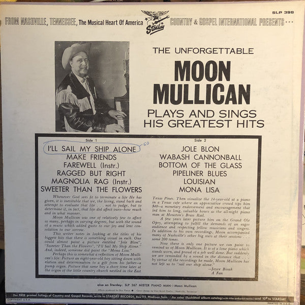 Moon Mullican : The Unforgettable Moon Mullican Plays And Sings His Greatest Hits (LP, Comp)