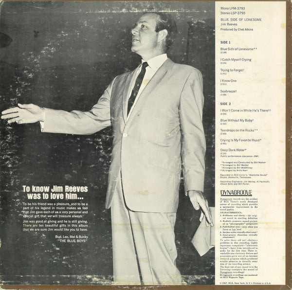 Jim Reeves : Blue Side Of Lonesome (LP, Album, Mono, Ind)