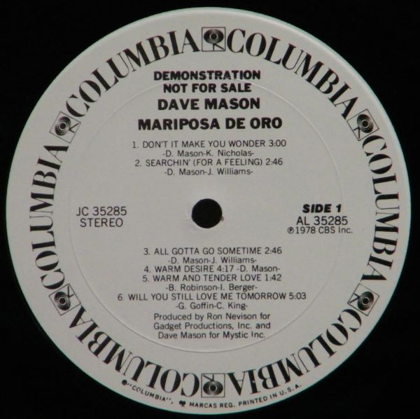 Dave Mason : Mariposa De Oro (LP, Album, Promo)