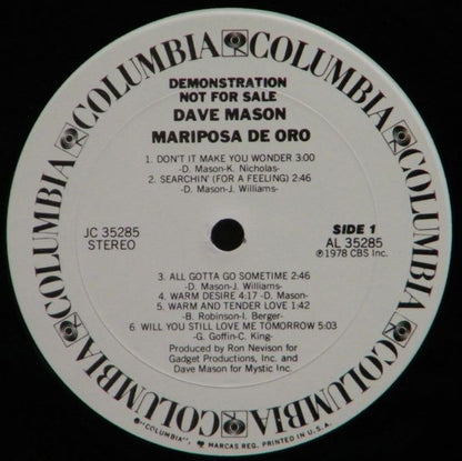 Dave Mason : Mariposa De Oro (LP, Album, Promo)