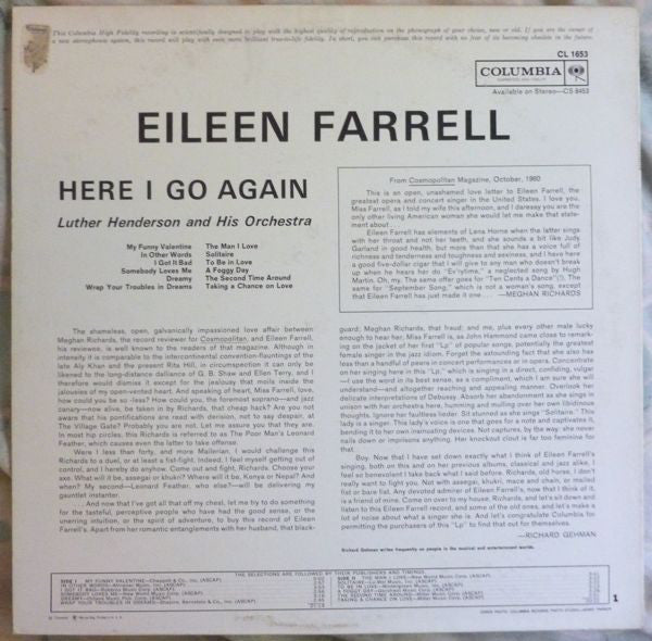 Eileen Farrell, Luther Henderson And His Orchestra : Here I Go Again (LP, Album, Mono)