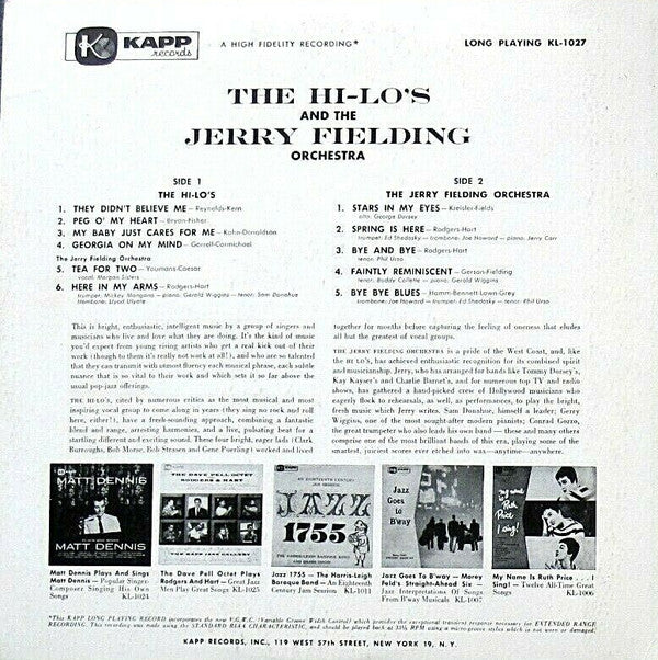 The Hi-Lo's And The Jerry Fielding Orchestra : The Hi-Lo's And The Jerry Fielding Orchestra (LP, Album)