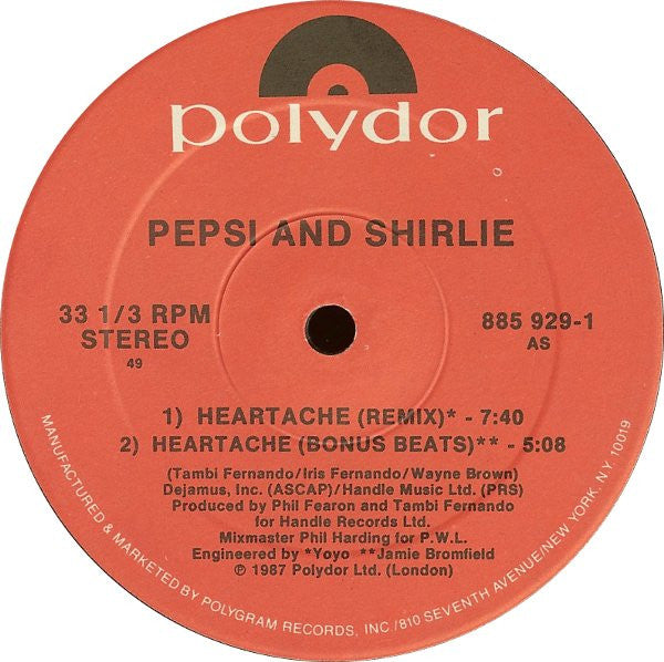 Pepsi & Shirlie : Heartache (12", Single, 49 )