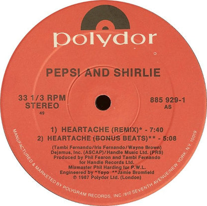 Pepsi & Shirlie : Heartache (12", Single, 49 )