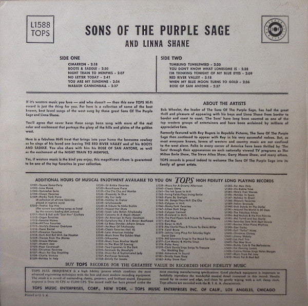 The Sons Of The Purple Sage With Linna Shane : Western Favorites (LP, Album, Mono)