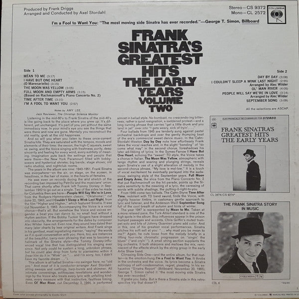Frank Sinatra : Frank Sinatra's Greatest Hits - The Early Years - Volume Two (LP, Comp, RP)