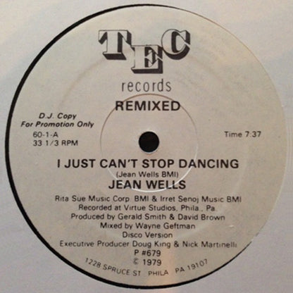 Jean Wells : I Just Can't Stop Dancing (Remixed) (12", Promo)