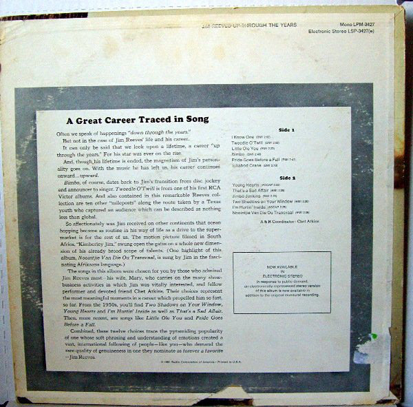 Jim Reeves : Up Through The Years (LP, Comp, Mono)