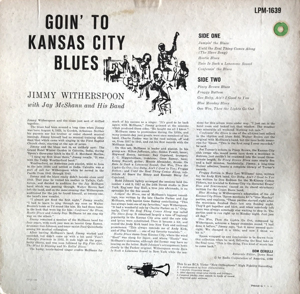 Jimmy Witherspoon With Jay McShann And His Orchestra : Goin' To Kansas City Blues (LP, Album, Mono)