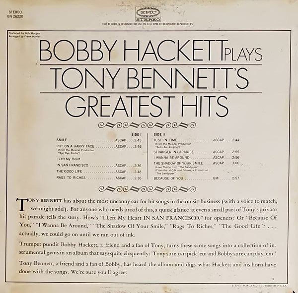 Bobby Hackett : Tony Bennett's Greatest Hits (LP, Album)