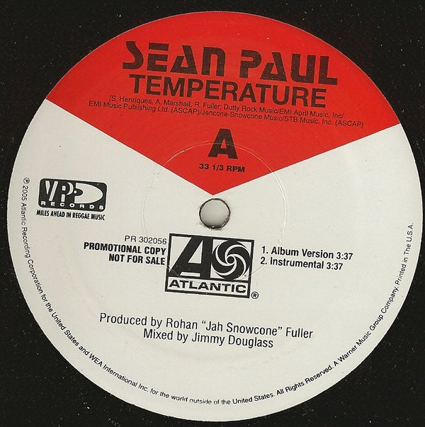 Sean Paul : Temperature / Breakout (12", Promo)