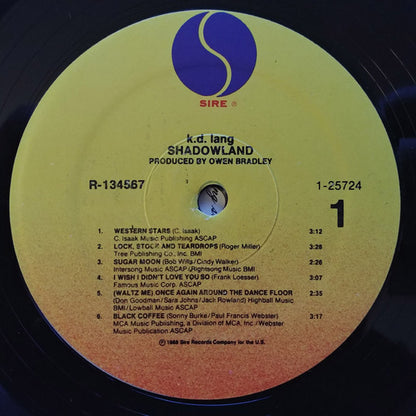 k.d. lang : Shadowland (The Owen Bradley Sessions) (LP, Album, Club)