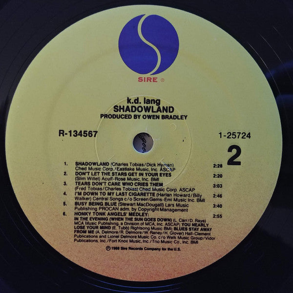 k.d. lang : Shadowland (The Owen Bradley Sessions) (LP, Album, Club)