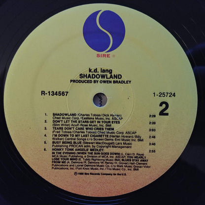 k.d. lang : Shadowland (The Owen Bradley Sessions) (LP, Album, Club)