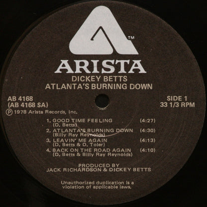 Dickey Betts & Great Southern : Atlanta's Burning Down (LP, Album)