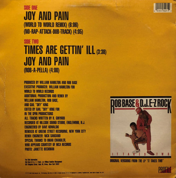 Rob Base & DJ E-Z Rock : Joy And Pain (Remix) (12", Single)