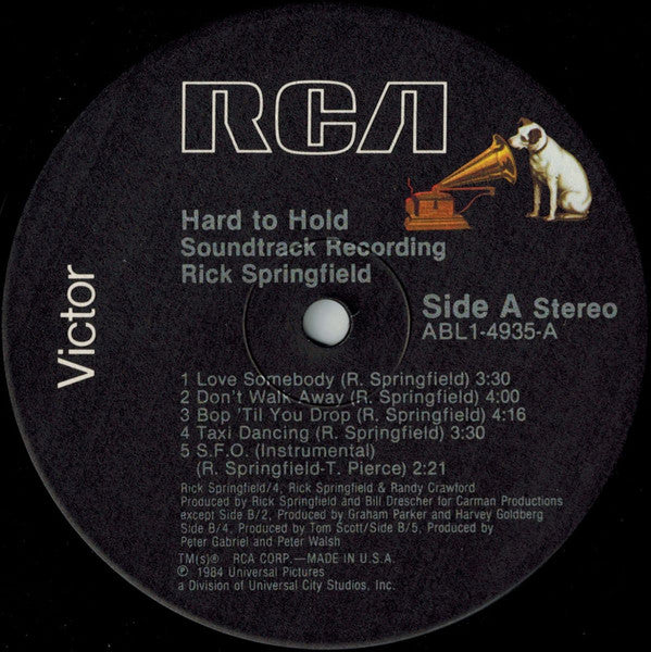 Rick Springfield : Hard To Hold - Soundtrack Recording (LP, Album, Ind)