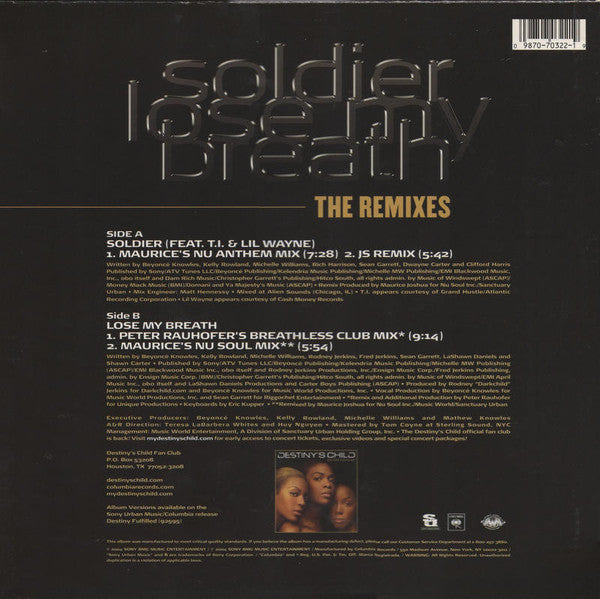 Destiny's Child Feat. T.I. & Lil Wayne : Soldier / Lose My Breath (The Remixes) (12")